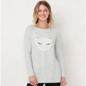 LC Lauren Conrad Women's Gray Knit Whimsical Sweater Catcore Kawaii Cottagecore‎